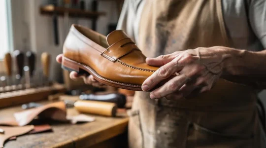 Un bottier examine l'assemblage cousu d'une chaussure en cuir dans son atelier.