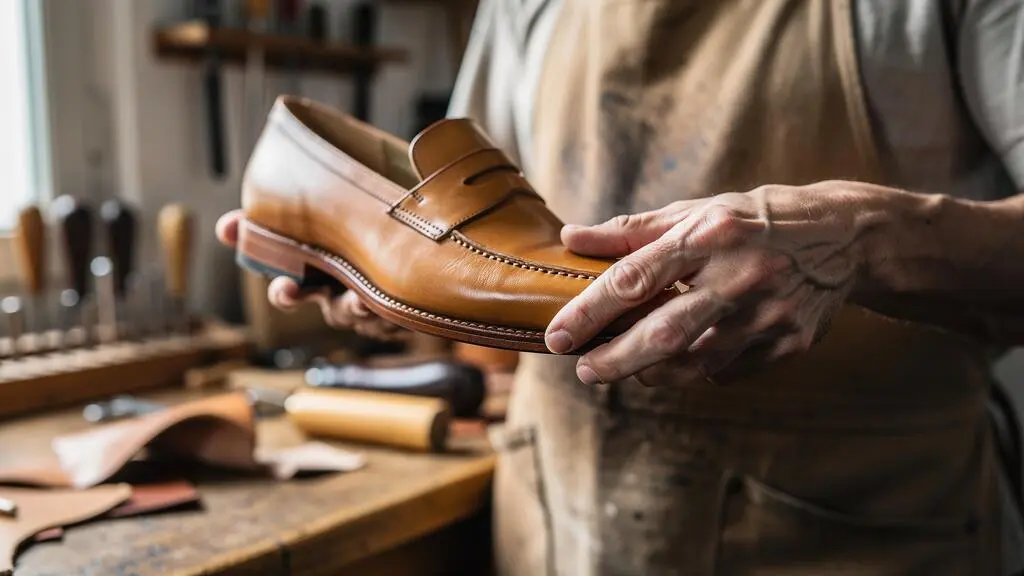 Un bottier examine l'assemblage cousu d'une chaussure en cuir dans son atelier.