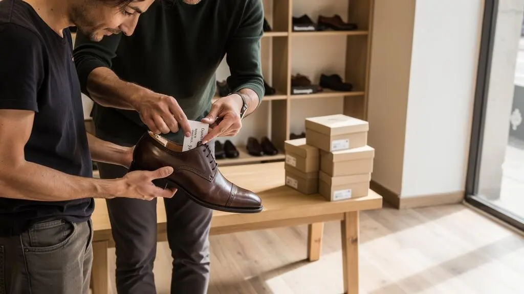 Une cliente examine l'étiquette intérieure d'une chaussure avec l'aide d'un vendeur en magasin.