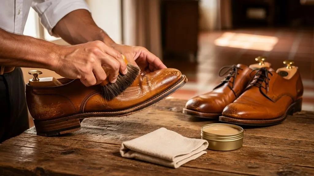 Une personne brosse et cire une chaussure en cuir usée posée sur une table en bois.